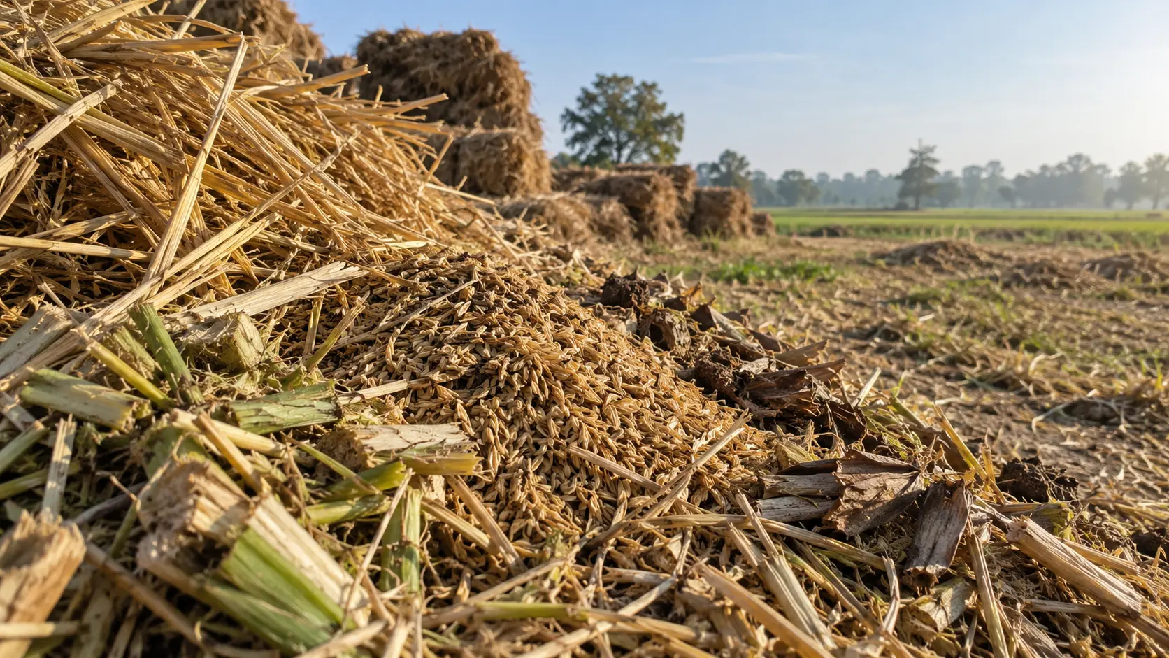 Agricultural residues and biological feedstock collected beside an Indian field